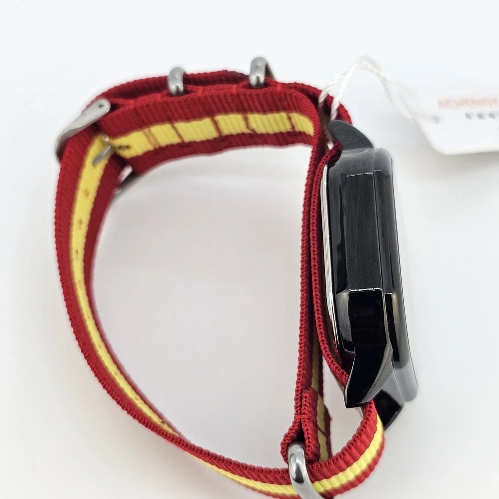 Men's‎ Watch 42MM Black Dial Date Indicator Red Yellow Canvas Bands New Battery